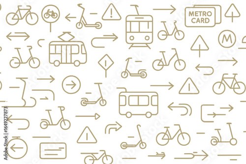Design featuring various transport symbols including bicycles, trams, and directional signs in a seamless pattern