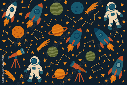 Colorful cartoon space pattern featuring rockets, astronauts, planets, and constellations on a dark background