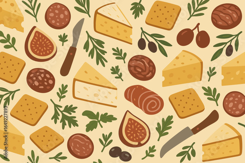 Creative arrangement of cheese, olives, and cured meats on a textured background showcasing gourmet food items for a charcuterie board