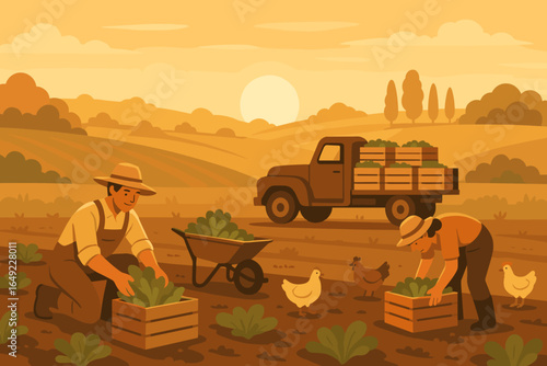 Farmers harvesting crops at sunset with chickens and a truck on a rural farm