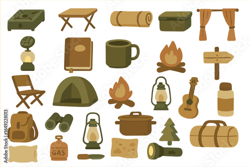 Artistic collection of camping gear and elements for outdoor adventures and activities in nature