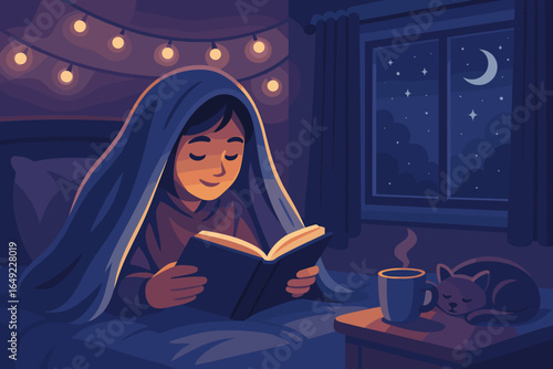 Enjoying a cozy night reading a book under a blanket with warm lighting and a sleeping cat