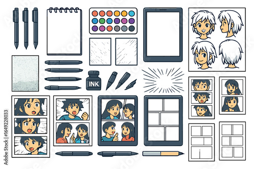 Collection of drawing supplies and storyboard templates for creative artists and illustrators in a bright workspace