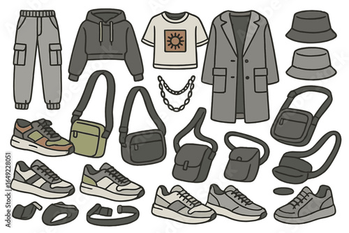 Stylish clothing and accessories collection featuring casual wear, bags, and footwear for urban settings
