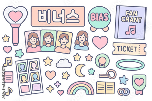 Colorful collection of fan merchandise features images and symbols from a popular music group