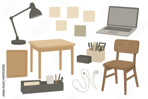 Workspace layout with a desk, chair, laptop, lamp, office supplies, and stationery during a calm afternoon
