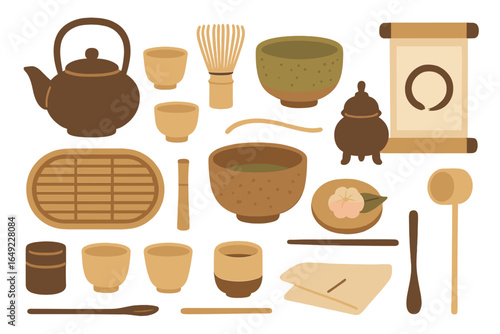 Various traditional tea ceremony utensils and decor in warm brown tones arranged artistically for a cultural display