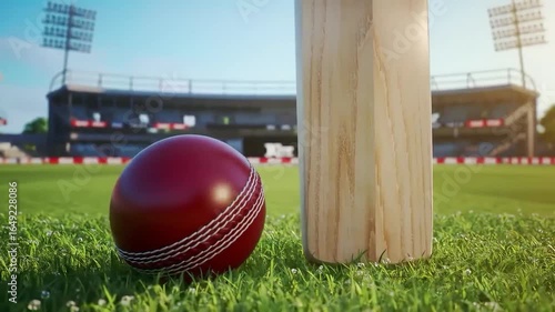 Cricket Ball and Bat on a Grassy Field in a Stadium