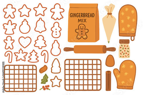 Colorful gingerbread baking supplies and decorations arranged on a white surface for festive holiday preparations