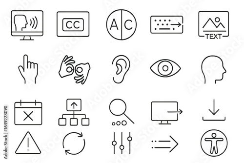 Various icons representing accessibility features for digital content and user interactions