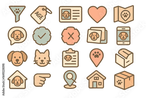 Icon collection representing pet care and adoption services with various symbols illustrating pet information and location