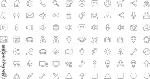Collection of various outline style icons representing different functions and concepts on a white background