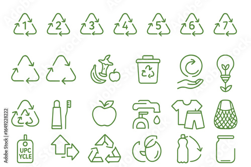 Recycling symbols and eco-friendly icons in green color representing sustainable practices and waste management