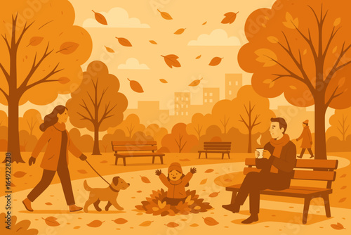 Autumn in the park with children and dogs enjoying the colorful foliage and warm drinks on a sunny day