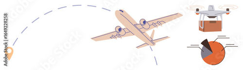 Airplane flying along dotted path, delivery drone carrying package, circular data chart for analytics. Ideal for logistics, delivery, e-commerce, transportation, technology, shipping efficiency in
