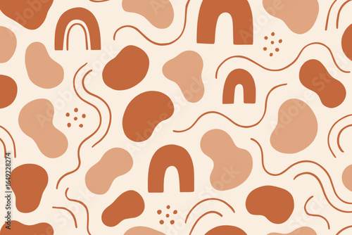 Colorful abstract design featuring organic shapes and arches in warm tones on a light background