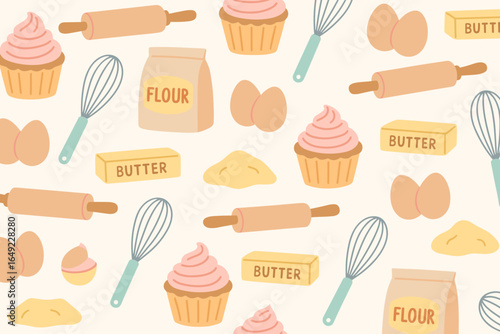 Baking ingredients and tools arranged in a cheerful pattern on a light background