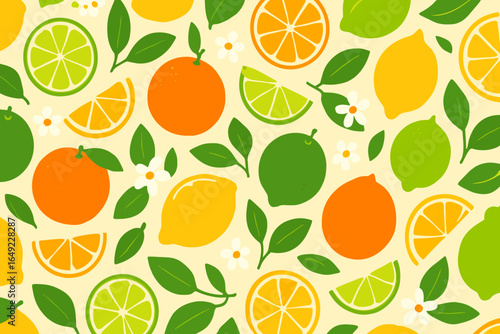 Colorful fruit pattern featuring lemons, limes, and oranges with leaves and blossoms on a light background