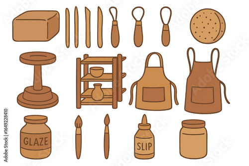 Clay working tools and materials arranged neatly for pottery making at a creative studio