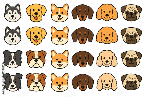 Cute cartoon dog faces arranged in a pattern showcasing different breeds and expressions in a colorful design