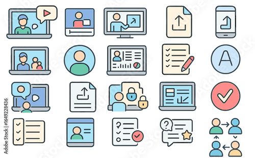 Educational technology icons representing online learning and digital communication tools for students and educators