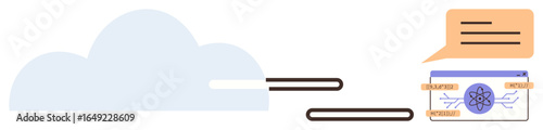Cloud with connective lines, tech interface displaying tools and chat bubble suggesting interaction. Ideal for technology, communication, AI, system integration, networking, web design, simple