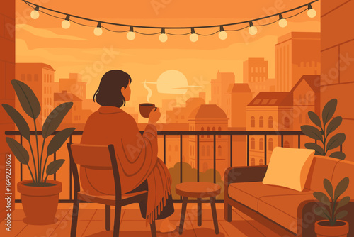 Woman enjoys evening coffee on balcony while watching sunset over city skyline with string lights adorned
