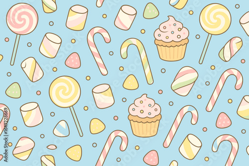 Colorful candy pattern featuring lollipops, cupcakes, and marshmallows against a blue background
