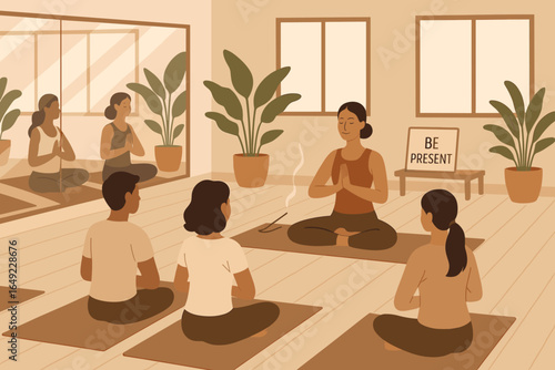 Meditation session in a serene studio with participants engaging in mindfulness practices