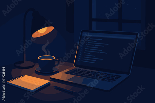 Warm coffee and laptop create a cozy workspace atmosphere at night for focused productivity