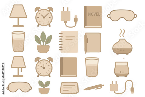Collection of cozy bedroom items suitable for relaxation and sleep enhancement in a serene environment