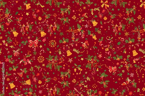 Festive christmas pattern with holly, bells, bows, and snowflakes on a red background for the holidays