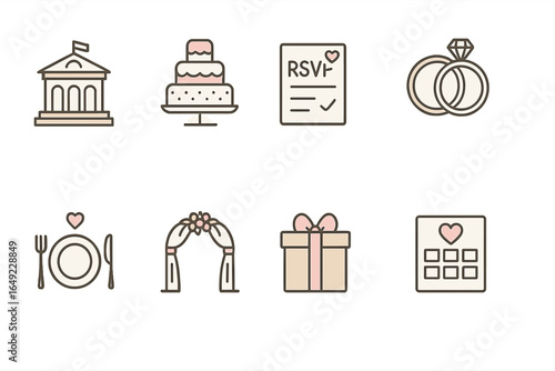 Wedding planning elements including venue, cake, invitations, rings, and decor for a perfect celebration