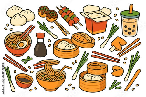 Colorful collection of Asian cuisine featuring dumplings, noodles, and bubble tea on a white background