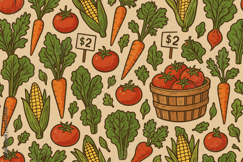 Seamless farmers market vegetable pattern with tomatoes, carrots, corn, leafy greens, and basket on brown paper background in vintage hand-drawn style
