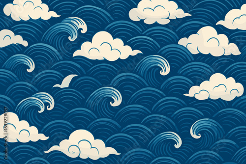 Seamless Japanese-style ocean wave and cloud pattern, stylized cresting waves with curved white clouds, deep blue and cream repeating design, includes seagulls