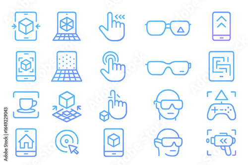 Neon AR and VR icon set, glowing blue and purple holographic symbols for augmented reality interfaces, vector pack with gesture controls
