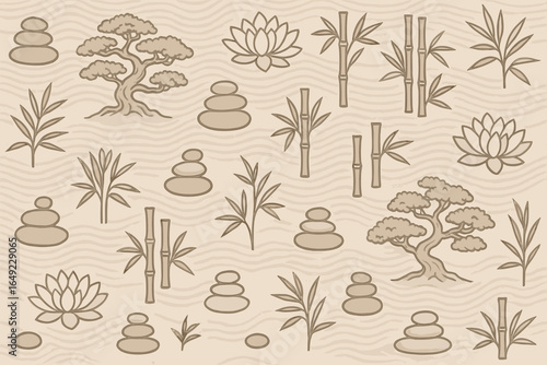Seamless zen garden pattern with bonsai trees, bamboo stalks, lotus flowers, stacked stones, and wavy sand lines, monochrome brown on textured beige
