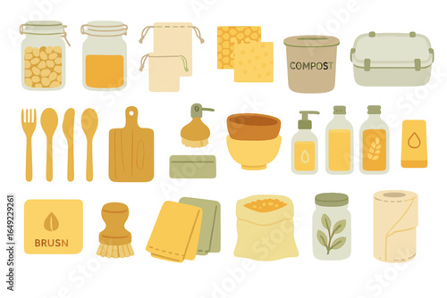 Zero Waste Kitchen Icon Set Featuring Reusable Containers, Compost Bin, Eco Utensils, Cleaning Tools, and Sustainable Storage