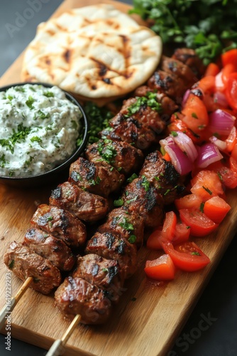 Greek souvlaki skewer with pita, tzatziki, and fresh vegetables.