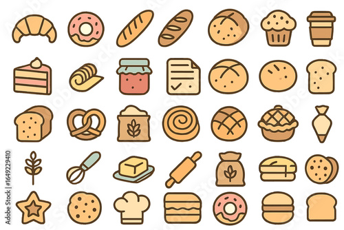 Bakery and Pastry Icon Set for Baking, Bread, and Confectionery