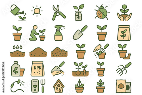 Gardening and plant care icons set with watering can, sunlight, pruning shears, seedlings