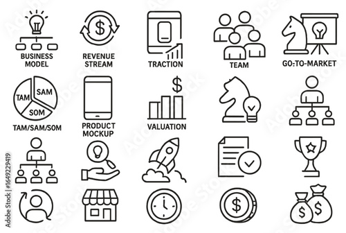 Business and startup strategy icons set with business model, revenue stream, traction, team