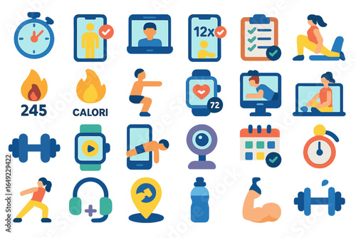 Fitness and workout icons set with stopwatch, calorie tracking, online training, exercise app