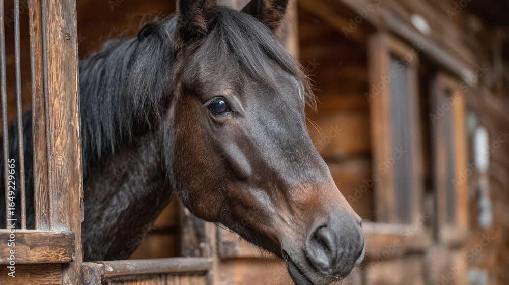 Fototapeta premium Beautiful black horse looking out from a rustic stable during afternoon sunlight near a countryside