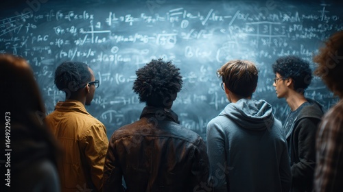 Students engage with complex equations on chalkboard in a vibrant classroom during afternoon study session