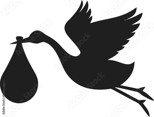 Silhouette Graceful Stork Delivering Newborn Baby Gift Design Element Icon
