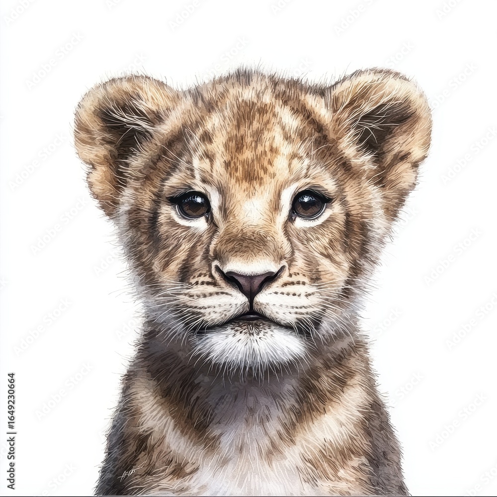 Obraz premium a playful lion cub with a fluffy mane clipart, wild animal character, watercolor style, golden tones, isolated on white background