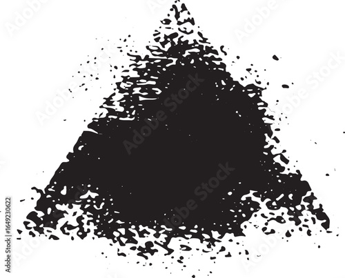 Black triangle ink splatter with grunge texture. Abstract geometric shape in monochrome vector illustration.