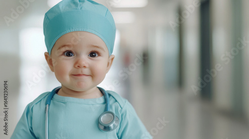 Cute baby dressed in blue medical scrubs with stethoscope around neck, standing in bright hospital corridor with gentle smile